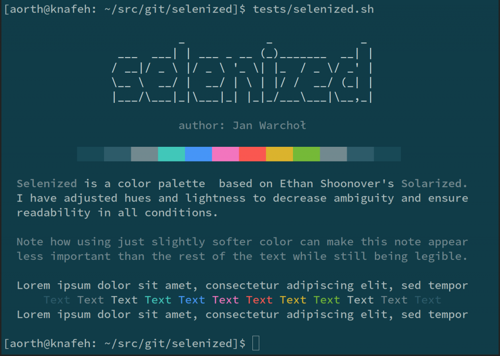 Terminal emulator displaying Selenized test output with colors and project description